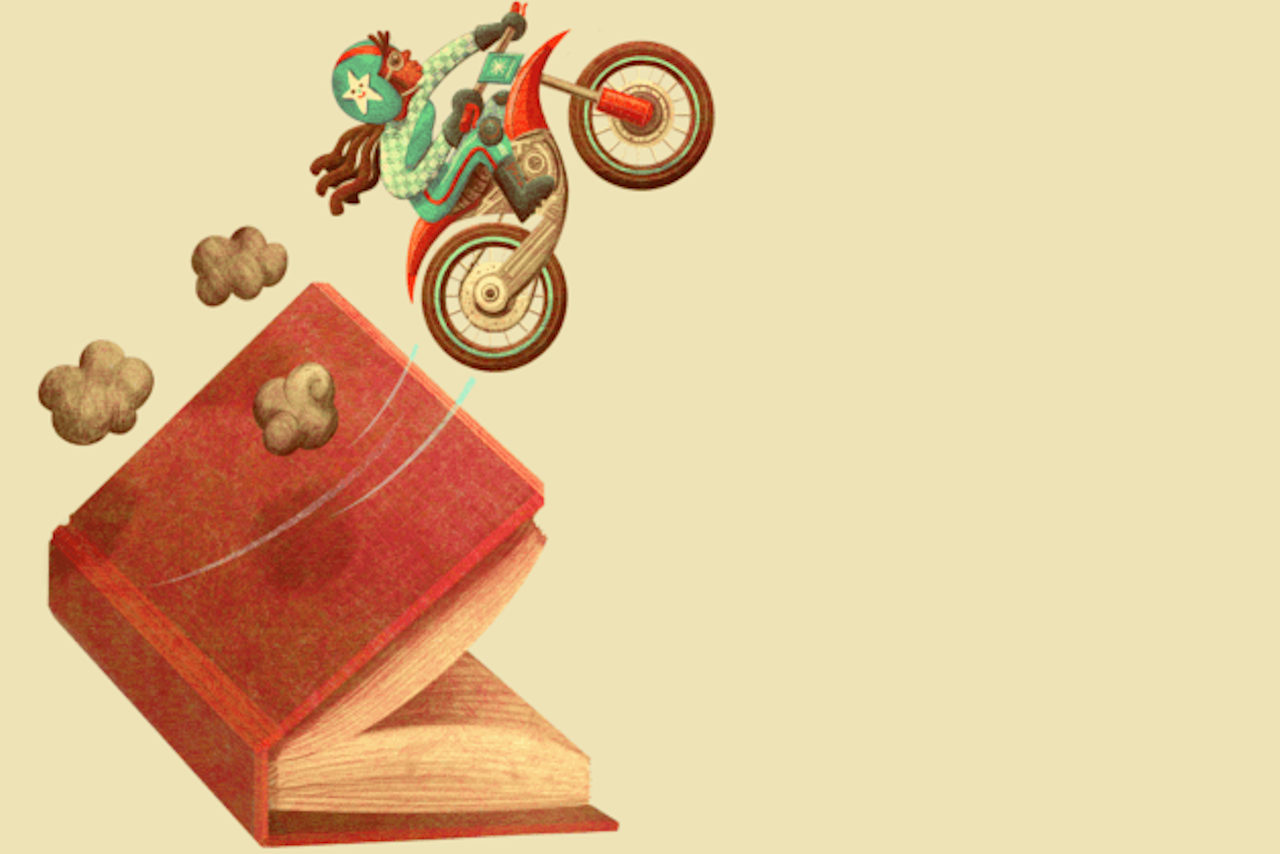 A giant book with  young girl on a motorcycle jumping out of it, with exhaust clouds behind her