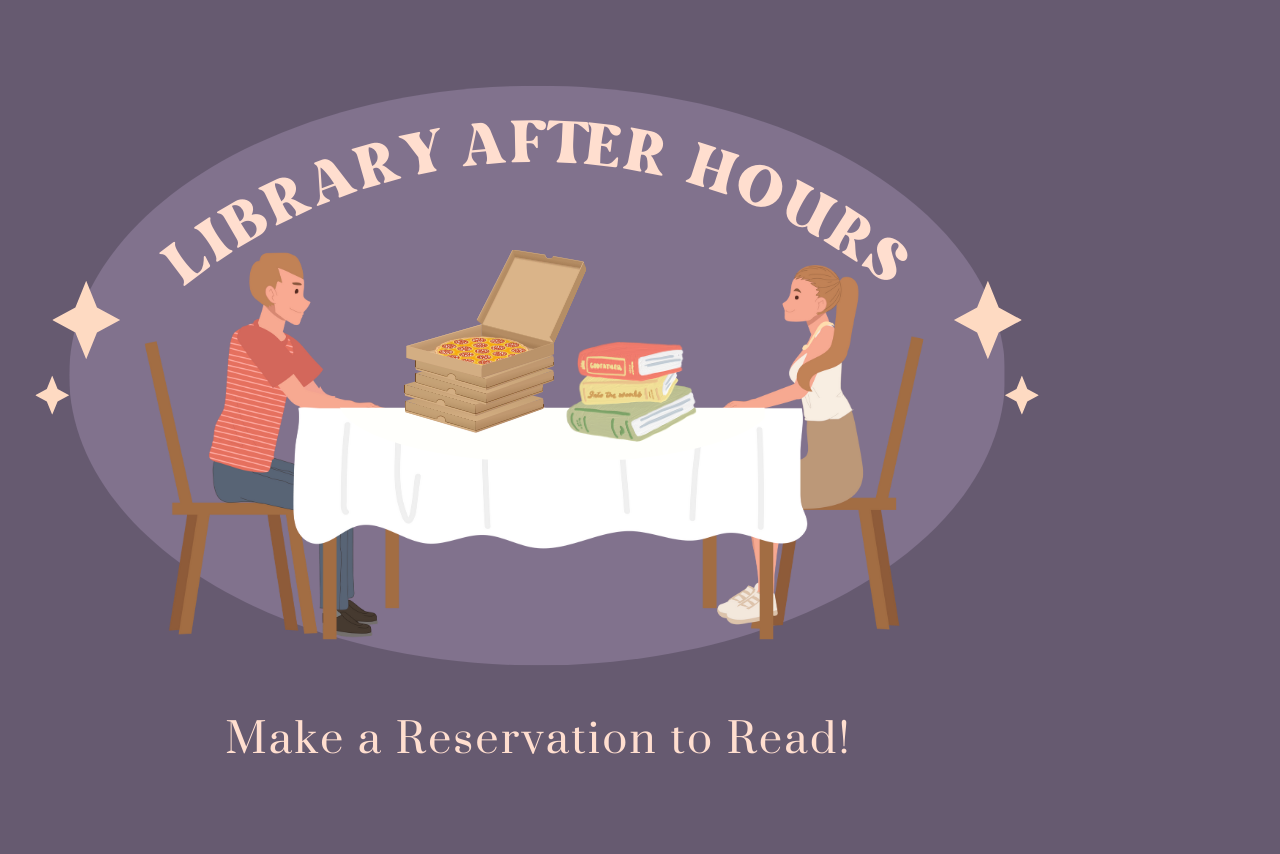 a couple sitting at a dinner table with pizza and books