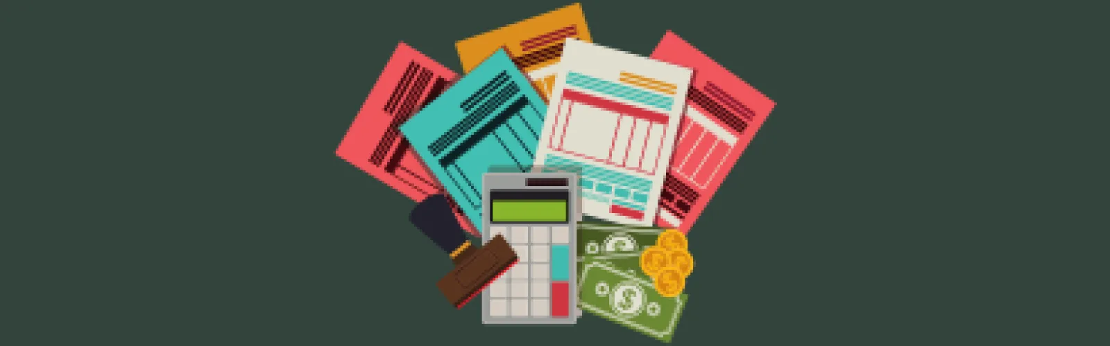 Tax documents, stamps, and calculator