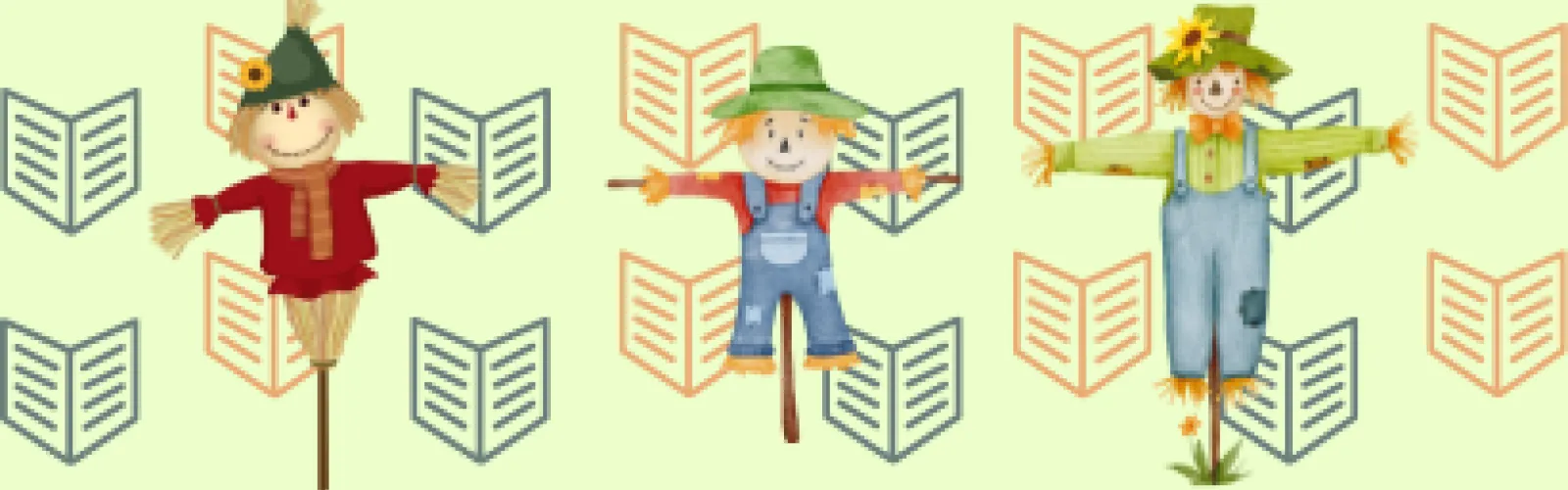 an image of books and scarecrows